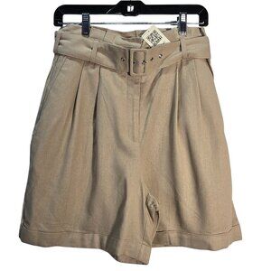 NWT | Women's Beige Tan High Waist Pleated Belted Bermuda Shorts Cuffed | Size 8